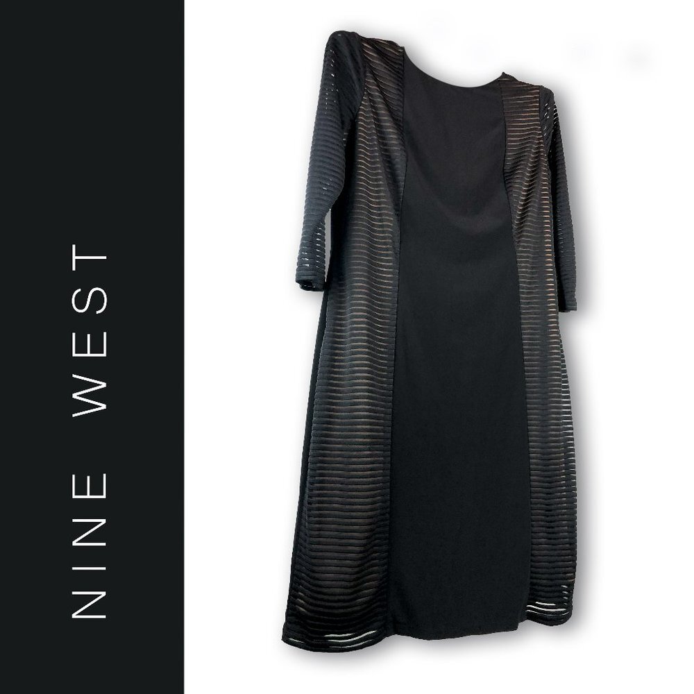 🌻Nine West Black Sheer Striped Overlay Midi Dress